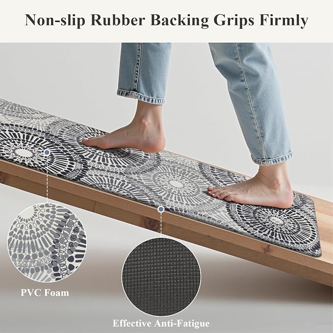 HEBE Anti Fatigue Kitchen Rugs Set of 2, Cushioned Kitchen Mats for Floor | Non Slip Washable Kitchen Runner Rug Set, Floral Stain Resistant Waterproof Comfort Mat Carpet for Sink, Standing Desk