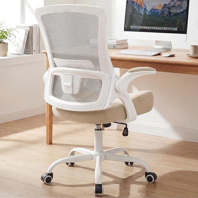 NEO CHAIR Office Chair High Back Desk Mesh Chair Comfy Computer Gaming Seat with Adjustable Ergonomic Lumbar Rolling Flip-up Armrests and Wheels (Beige)