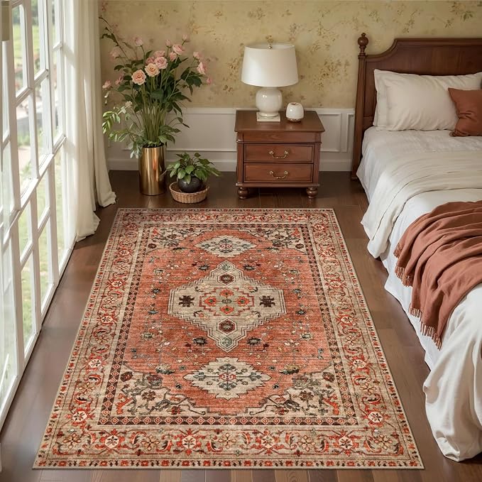Tangsoo 3x5 Rug, Washable Vintage Rugs Indoor Area Rug, Non Slip Accent Rug, Print Distressed Taupe Carpet, Soft Low Pile Rug for Living Room Dorm Bedroom Bedside Entryway Bathroom