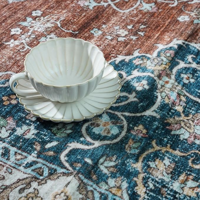3x10 Washable Hallway Runner Rug:Oriental Indoor Kitchen Rugs Vintage Door Mat Non Slip with Rubber Backing Low Pile Thin Carpet for Bedroom Bathroom Living Room Bedside (3x10 Brick/Blue)