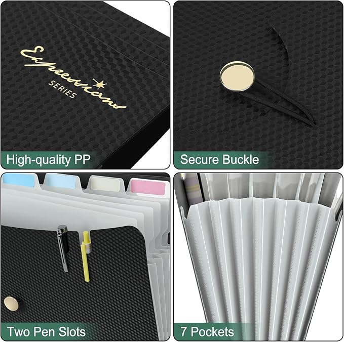 Sooez 7 Pocket Accordion File Organizer, Premium Expanding File Folder with Bungee Closure, Letter Size Folders for Documents, Portable Filing Folders for School Office Supplies, Black