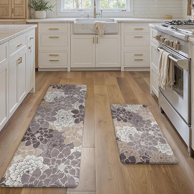 GENIMO Anti Fatigue Kitchen Mats for Floor 2PCS, Cushioned Standing Mats | 17.3"x59"&17.3"x30", Coffee Brown vintage floral rug set, waterproof, non slip, easy-clean for farmhouse