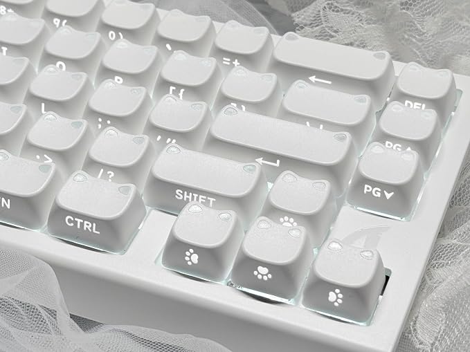 OHY XVX Lumicat Mao Profile Side-Printed Shine-Through PBT Keycaps, 113 Keys Double-Shot Dye-Sublimation Creamy White Keycap Set, Compatible with MX Switches Mechanical Keyboard