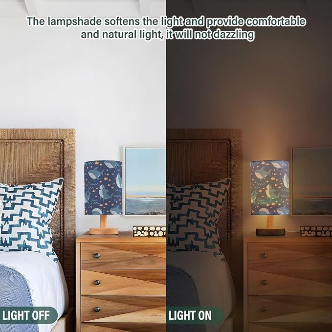Table Lamp Marine Shark Fish Bubble Pattern Nightstand Lamp with Wood Base Fabric Lamp Shade Bedside Desk Lamp for Living Room Bedroom Kids Room Office