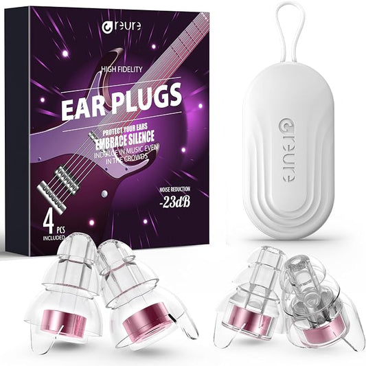 Reure High Fidelity Concert Ear Plugs, Noise Cancelling Silicone Ear Plugs 2 Pairs Great for Concerts Loud Music, Musicians, Motorcycles, Airplanes, Raves, Hearing Protection -20 dB (Pearl)