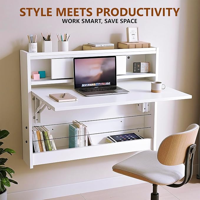 Wall Mounted Desk 31 inches, Folding Table with Shelves, Space Saving Computer Table, Floating Table for Wall, Multi-Purpose Folding Desk Perfect for Workstations, Dining, or Laundry Area.