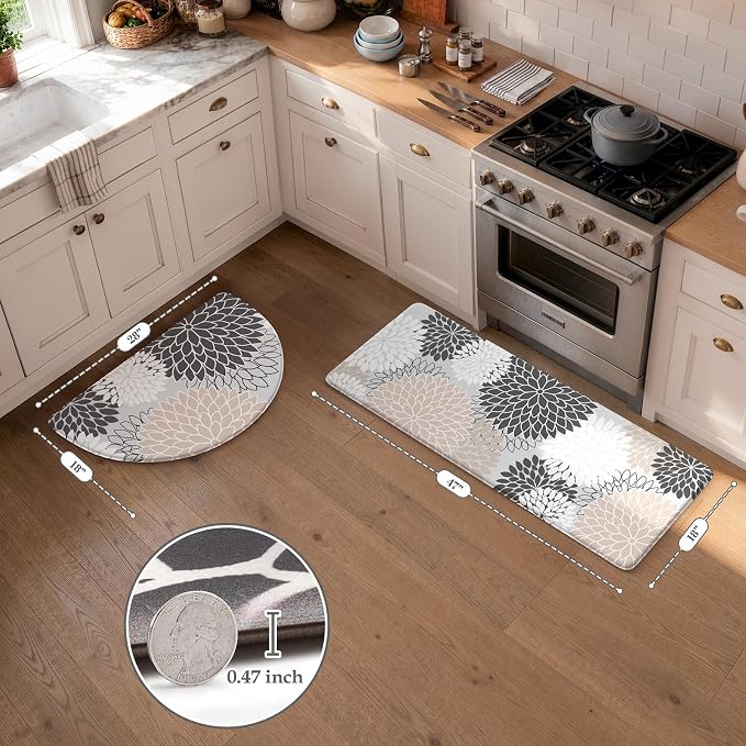 KIMODE Half Circle Anti Fatigue Mats for Kitchen Floor Rug Sets of 2 | 18"x28+18"x47",Pink,Half Round,2PCS,Dahlia Floral Boho,Non Slip,Waterproof,for Sink Office Laundry Bathroom Decor
