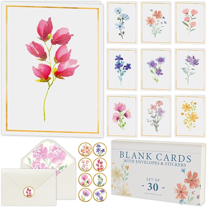 30 Blank Cards and Envelopes Set with Stickers – 4x6 Inches – Thick and Premium Designs