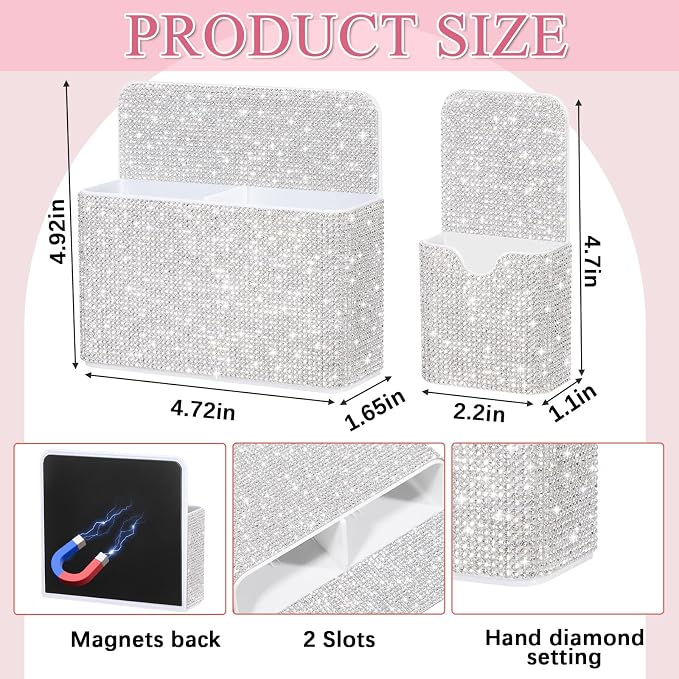 MotiMind 2 Pcs Bling Magnetic Marker Holder Women Girl Locker Accessories Marker Pen Pencil Holder for Refrigerator Whiteboard Sparkly Gift Desk Organizer for School Office(Rhinestone,White)