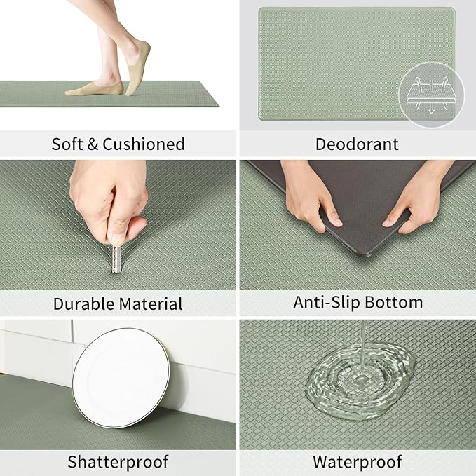 Kitchen Mats and Rugs Set of 2 - Cushioned Anti-Fatigue Kitchen Rug for Floor Washable 17"x29" +17"x59", Light Green