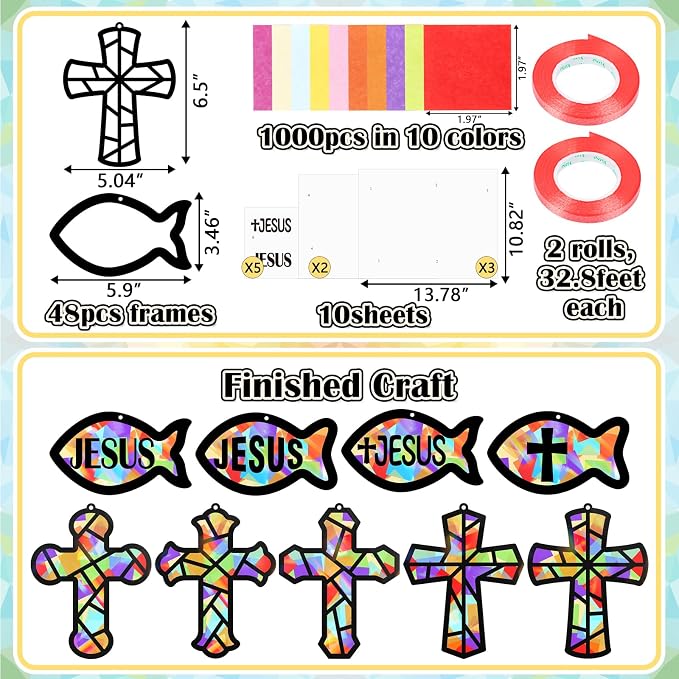 48PCS Sunday School VBS Crafts Bulk: Paper Cross Fish Nativity Suncatchers, Jesus Religious Christian Activity DIY Kits Church Decorations, Window Stained Glass Effect Art Supplies
