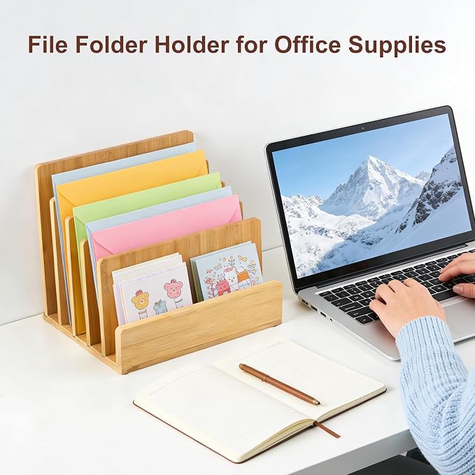 Bamboo Desk File Organizer, 5-Section Vertical Mail Sorter, Home Office Desktop Holder for Folders, Letters, Envelopes, Bills, Documents Storage