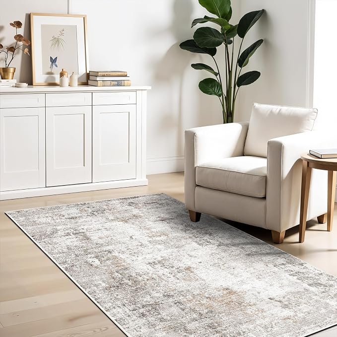 Washable 3x5 Entryway Rug - Non-Slip Soft Low-Pile Thin Small Area Rugs for Kitchen Bedroom Living Room Hallway – Modern Abstract Neutral Door mat Indoor（Beige Grey）