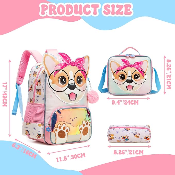 Meetbelify 3 in 1 Backpack for Girls Backpack for Elementary Student Cute Kids Travel Bookbag with Lunch Box Pencil Case for Girls Ages 6-8