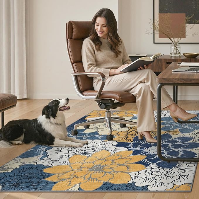 48"x60" Office Chair Mat for Hardwood Tile Floor, Under Desk Carpet Protector for Rolling Computer Chair Mat, Machine Washable Area Rug, Anti-Slip 1/5" Thick Low Pile Thin Vinyl Floor Mat, Navy Yellow