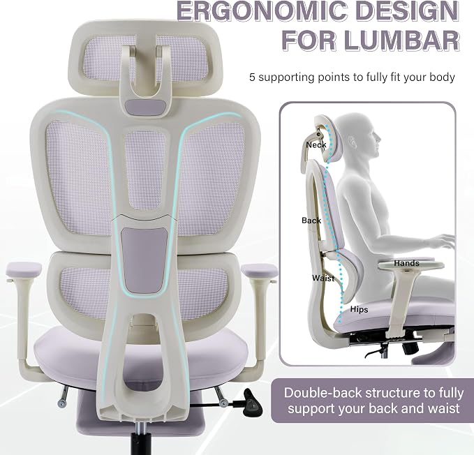 Ergonomic Office Chair with Retractable Footrest, Purple | High Back Design, Dynamic Lumbar Support, 2D Headrest & 2D Armrests, Breathable Mesh Back for Home Office