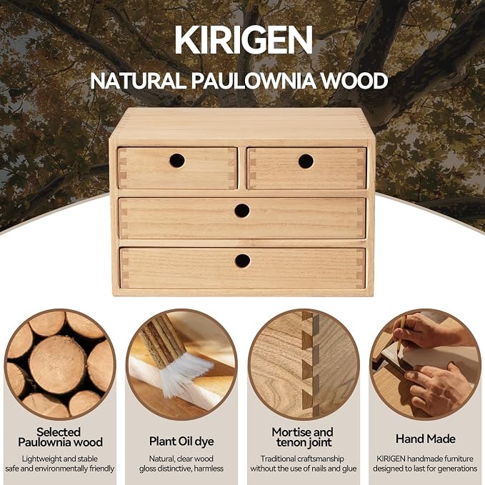 KIRIGEN Wood Desk Organizer with 4 Drawers, Desktop Storage, Natural 34-NA | 3-Tier Solid Wood Cabinet Holds Letter-Size Paper, Mail, Makeup, Crafts, and Home Office Supplies, Fully Assembled