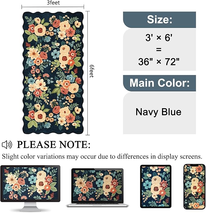 DUKINO 3x6 Washable Runner Rug, Soft Indoor Floral Non Slip Runner Rug for Hallways, Lightweight & Low Pile Floor Carpet for Kitchen, Entryway, Hallway, Bathroom, Laundry, Bedroom, Navy Blue