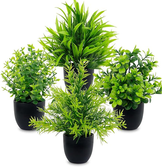 LOYWREE Faux Plants Indoor 4 Pack Small Fake Plants Mini Artificial Plants in Black Pots Potted Greenery for Home Office Table Desk Bathroom Shelf Counter Styling Farmhouse Decor
