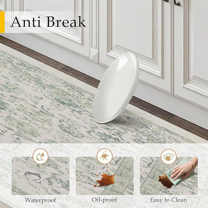 Kitchen Mats 2PCS Anti Fatigue Cushioned Mat Light Green Vintage Kitchen Mats for Floor Waterproof Non Slip Comfort Standing Retro Floral Rug for Sink Laundry Office 17.3"x59"+17.3"x30"