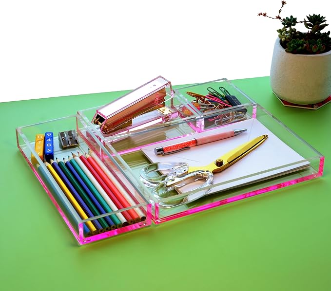 4-Piece Stackable Pink Acrylic Desk Organizer for Office or Home Desk Drawer Dividers, Makeup Vanity Storage Bins, Accessory Acrylic Tray/Half Accessory Tray/Small Tray