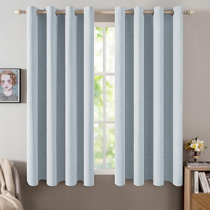 MIULEE Linen Textured Curtains for Bedroom Solid 100% Blackout Thermal Insulated Chambray Blue Grommet Room Darkening Curtains & Drapes Luxury Decor for Living Room 52 x 63 Inch (2 Panels)
