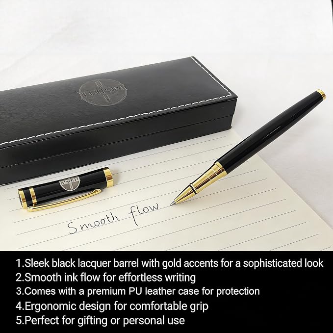 LUHSIN Premium Black Lacquer Rollerball Pen with Gold Trim - 0.5mm Smooth Writing Business Pen, Luxury Executive Gift Set for Men & Women, Office Signature Pen