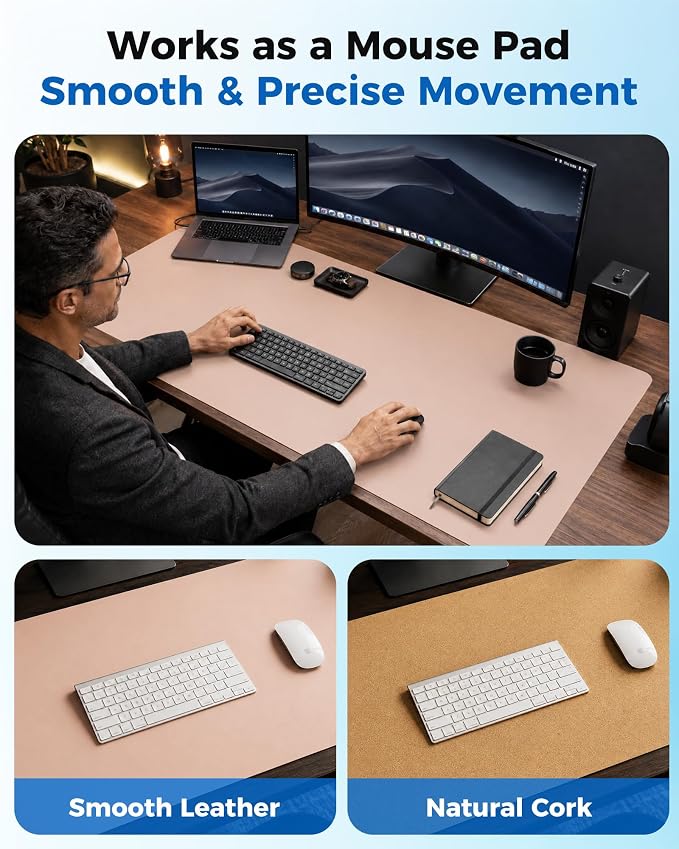 Aothia Double-Sided Desk Pad – 35.4" x 15.7" Leather Desk Mat with Eco Cork Protector, Large Mouse Pad, Waterproof Desk Blotter for Office/Home (Pink)
