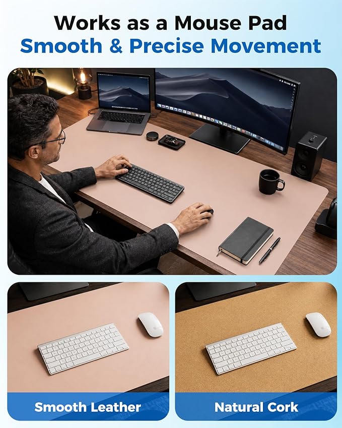 Aothia Cork Desk Mat - Dual-Sided XL PU Leather Desk Pad & Full Desk Protector, Large Waterproof Desktop Mat for Office & Gaming (47" x 23.6", Pink)