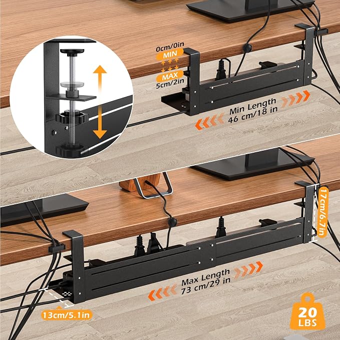Under Desk Cable Management Tray - 18-29in Retractable Iron Cord Organizer, No-Drill Installation with Anti-Slip Pads, Desk Cable Tray for Office, Gaming,Standing Desks(Black)