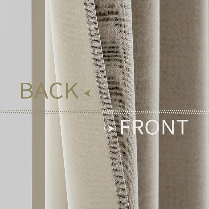MIULEE 100% Blackout Linen Textured Curtains for Bedroom Solid Thermal Insulated Pebble Taupe Grommet Room Darkening Curtains & Drapes Luxury Decor for Living Room 52 x 72 Inch (2 Panels)