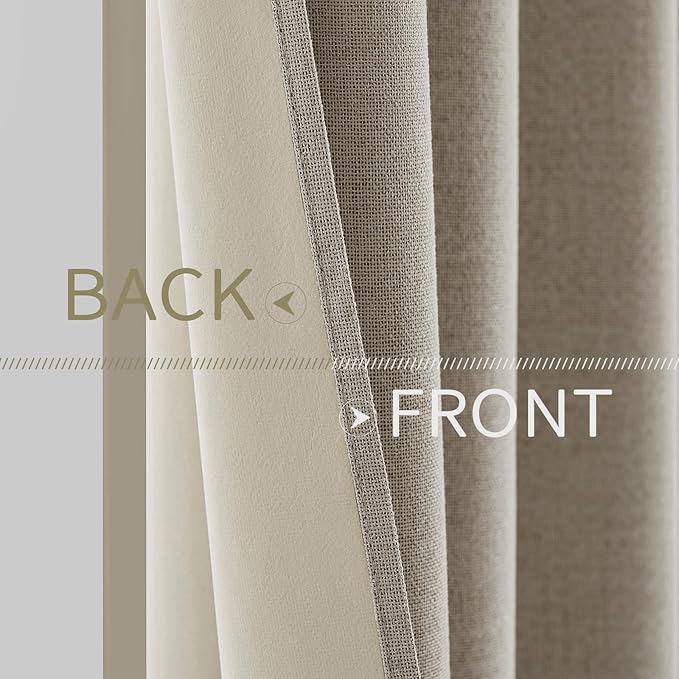 MIULEE 100% Blackout Linen Textured Curtains for Bedroom Solid Thermal Insulated Pebble Taupe Grommet Room Darkening Curtains & Drapes Luxury Decor for Living Room 52 x 84 Inch (2 Panels)