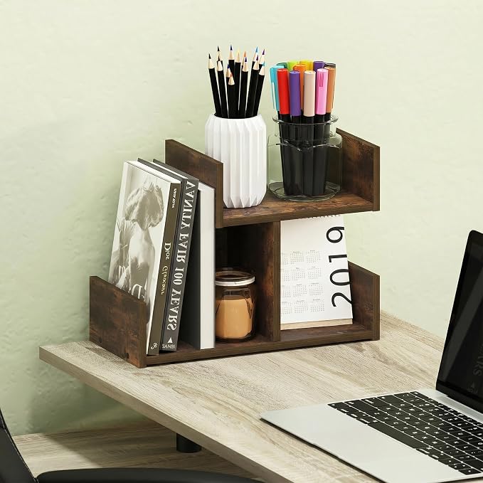 Furinno HERMITE Desk Organizers and Accessories, 2-Tier U-Shape Office Organization Shelf, Desk Top Book Shelf, for Writing Supplies, Desktop, Amber Pine