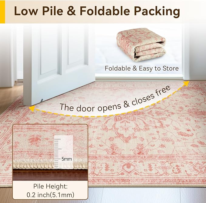 RELEANY Area Rugs Round 8ft Washable Non-Slip, Floral Vintage Distress Medallion Carpet for Living Room Bedroom Dining Room, Pink Light Vintage Pink