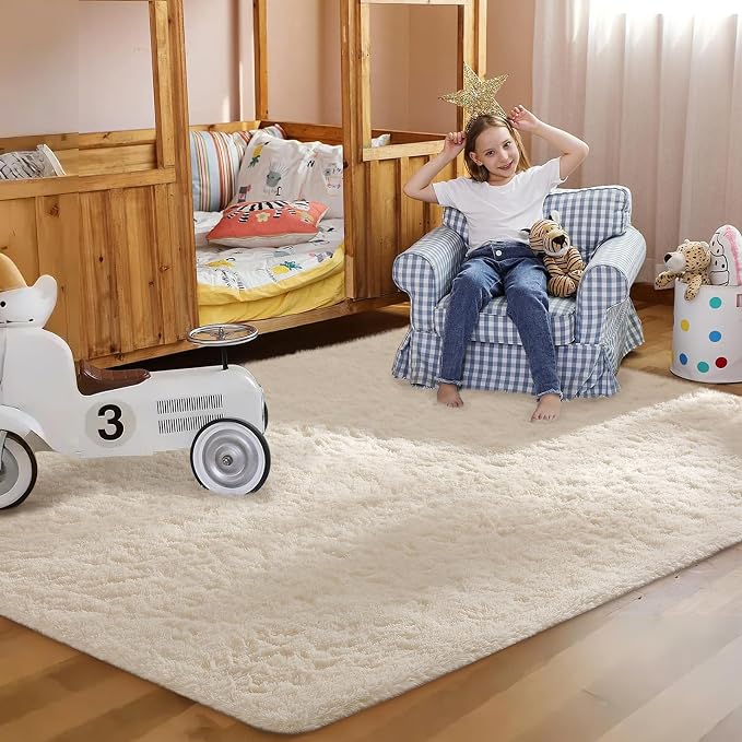 Ophanie Rugs for Living Room, Upgrade Non-Slip Fluffy Soft 5x8 Area Rug, Shag Large Fuzzy Plush Carpets for Bedroom Ivory, Shaggy Kids Boys Girls Dorm Nursery Home Decor Aesthetic