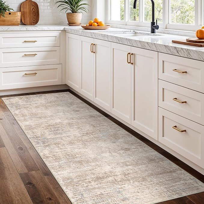 2x6 Hallway Washable Runner Rug - Non-Slip Kitchen Rugs with Rubber Backing Abstract Low-Pile Carpet Runners for Laundry Room Home Decor Bedroom Bathroom Entryway (Ivory Beige Distressed,2x6)
