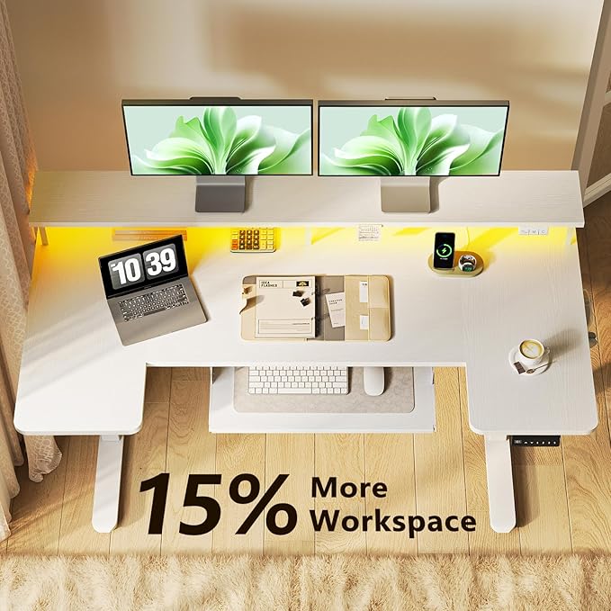 OffiGo U Shaped Electric Standing Desk with Keyboard Tray, 55 Inch Height Adjustable Desk with Power Outlets & LED Lights, Sit Stand Table with Monitor Stand for Home, Office, White