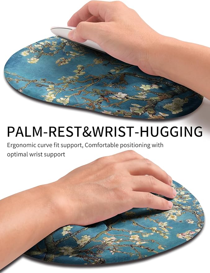 Palm-Rest and Wrist-Hugging Mouse Pad Wrist Rest, Ergonomic Wrist Support with Curve Fitting Cushioned Memory Foam for Carpal Tunnel Pain Relief, 9.9 x 8.3 Inch, Van Gogh Apricot Blossom
