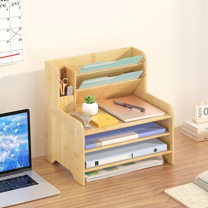 Bamboo File Organizer for Desk, Desktop Paper Tray and Mail Holder | Three open tiers keep A4/letter paper, folders, bills and mail sorted, visible and easy to reach while saving desk space