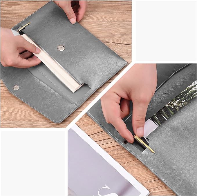 PU Leather A5 File Folder Document Holder A5 Envelope Folder with Snap Closure for Receipt 2Packs (Gray&Orange)