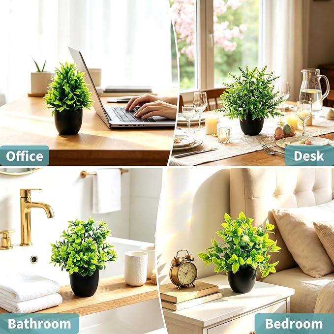 4 Pack Fake Plants Mini Artificial Potted Plants for Home Office Desk Decor, Small Faux Greenery with Black Pots, Assorted Fake Grass & Leaf Plants for Indoor Shelf Bathroom Kitchen Decoration