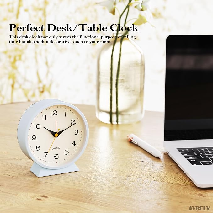 AYRELY® 4.5" Analog Alarm Clock, Small Retro Desk Clock and Table Clock | Battery Operated, Silent Metal Table Clock with Light for Living Room Decor, Bedroom, Bedside and Shelf(Light Blue)