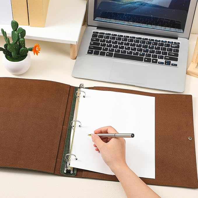 Teling 1 Pcs Leather 3 Ring Binder Holds 8.5 x 11 Inch Paper Binder Organizer Vintage Faux Leather Portfolio Folder Planner for Office Home Document Photo Diary Supplies (Dark Green)
