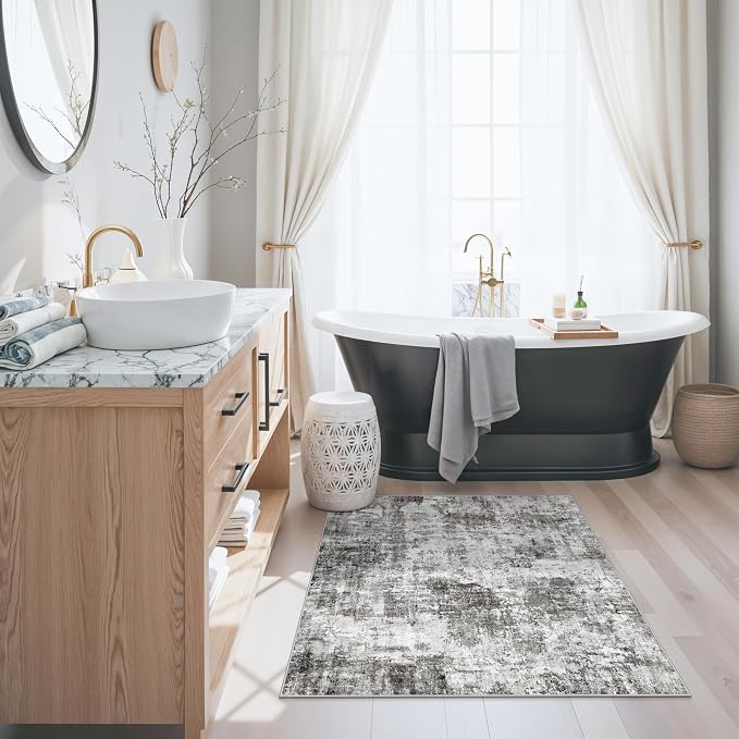 3x3 Square Entryway Rug Washable – Non-Slip Small Area Rug for Kitchen or Bathroom, Soft Low-Pile Indoor Mat, Modern Abstract Thin Door Carpet (Grey)