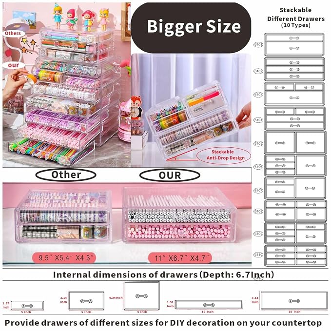 Cq acrylic Clear Stackable Storage Bins,Plastic Medicine Storage Organizer and Small Drawer Organizer with 4 Drawers for Make up,Skincare Produc,Craft,Beauty and Desktop Drawers Organizer Storage