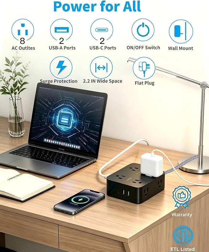 Flat Plug Power Strip Surge Protector, HANYCONY 5 Ft Flat Extension Cord with Multiple Outlets 4 USB C Ports, Multi Plug Outlet Extender Wall Mount for Home Office Desk