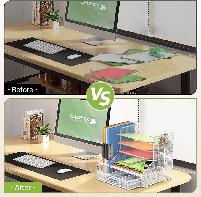 5-Tier Desk Organizer with File Holder & Pen Holder & Sliding Drawer, White | Mesh Metal Paper Letter Tray for Papers, Mail, Office Supplies, and Desk Accessories