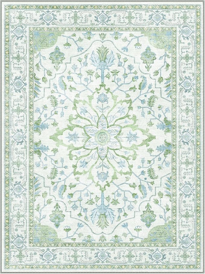 RELEANY Area Rugs Square 4ft Washable Non-Slip, Floral Vintage Distress Medallion Carpet for Living Room Bedroom Dining Room, Green White Blue
