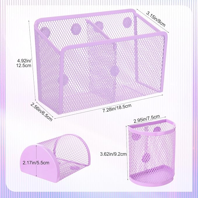 Sherr 3 Pcs Magnetic Pen Pencil Holder Set Magnets Wire Mesh Marker Holder Storage Basket for Locker Accessories Classroom Whiteboard Refrigerator and Home Wall, Macaron Color(Purple)
