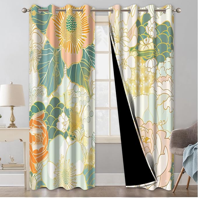 Boho Blackout Curtains for Bedroom and Living Room, Bohemian Floral Patterned Black Out Curtains 84 inch Long 2 Panels Set, Grommet Thermal Insulated Sound Proof Room Darkening Nursery Window Drapes